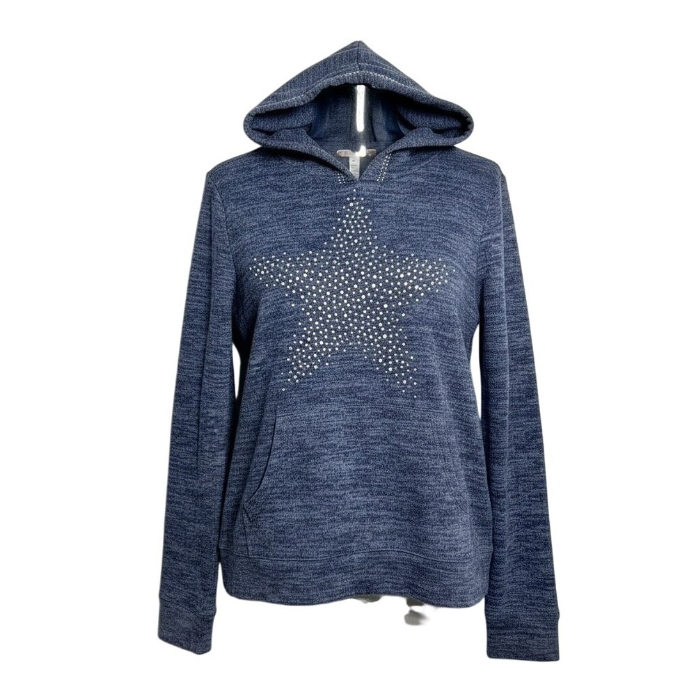 SJS Blue Marl Rhinestone Star Hoodie Pullover Y2K Womens Studded Space Dye Med
